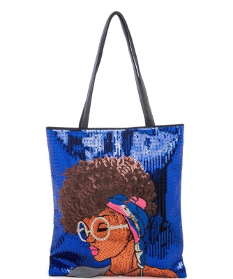 Glasses Girl Sequins Large Tote Bag 136-A039GT-L BLUE